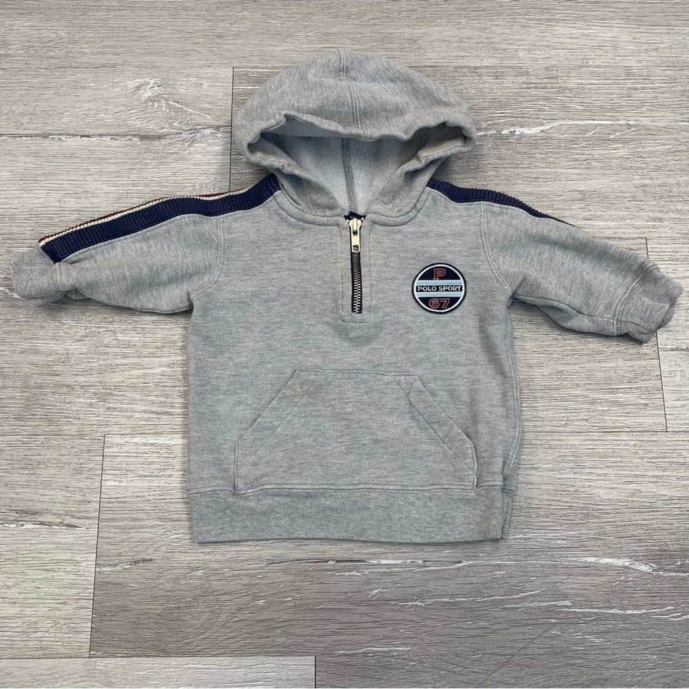 Polo VINTAGE by Ralph Lauren Light Gray Hooded Half-Zip Sweatshirt Navy Stripe